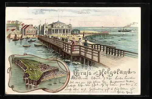 Lithographie Helgoland, Totalansicht aus der Vogelschau, Conversationshaus, Lasterallee