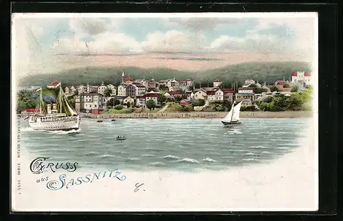 Lithographie Sassnitz, Teilansicht mit Dampfer