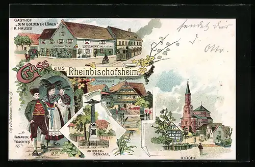 Lithographie Rheinbischofsheim, Gasthof Zum Goldenen Löwen v. K. Hauss, Hanauer Trachten, Kriegerdenkmal