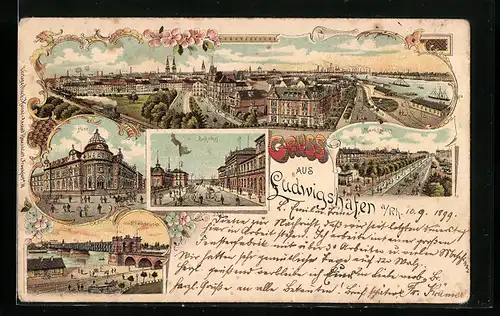 Lithographie Ludwigshafen a. Rh., Bahnhof, Rheinbrücke, Post