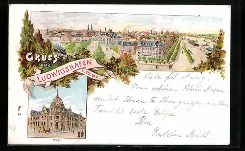 Lithographie Ludwigshafen a. Rhein, Post, Stadtansicht aus der Vogelperspektive
