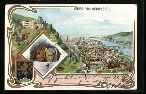 Lithographie Heidelberg, Totalansicht aus der Vogelschau