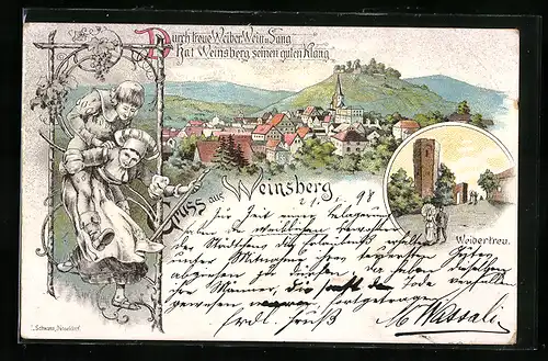 Lithographie Weinsberg, Weibertreu, Durch treue Weiber, Wein und Sang hat Weinsberg seinen guten Klang, Ortsansicht