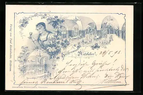 Lithographie Heilbronn, Gruss aus der Gastwirtschaft Ratskeller, Herrenstübchen, Hübsche Frau mit Weinglas