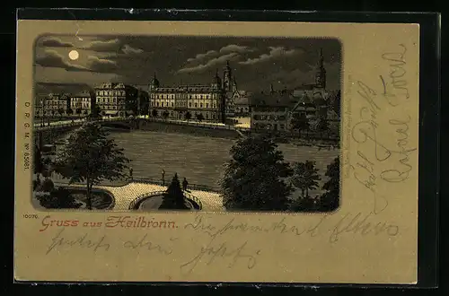 Mondschein-Lithographie Heilbronn, Flusspartie mit Stadtansicht im Vollmondlicht