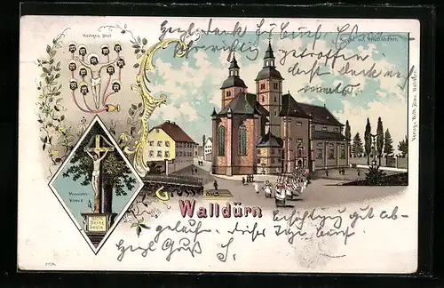 Lithographie Walldürn, Kirche mit Wallfahrern, Heiliges Blut und Missionskreuz