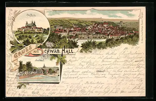 Lithographie Schwäb. Hall, Soolbad, Comburg, Gesamtansicht