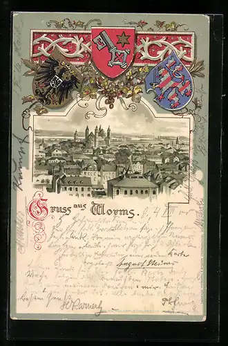 Passepartout-Lithographie Worms, Blick über die Dächer der Stadt, Wappen