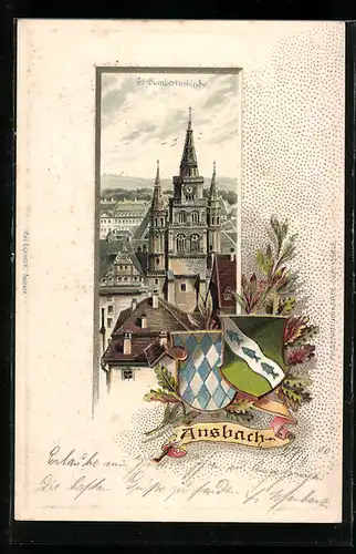 Passepartout-Lithographie Ansbach, St. Gumbertuskirche im Ortsbild