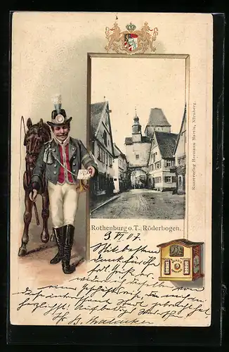 AK Rothenburg, geprägter Briefträger mit Pferd, Blick auf den Röderbogen