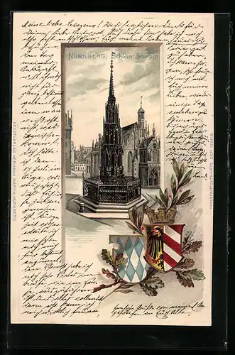 Passepartout-Lithographie Nürnberg, Schöner Brunnen gegen Kirche, Wappen