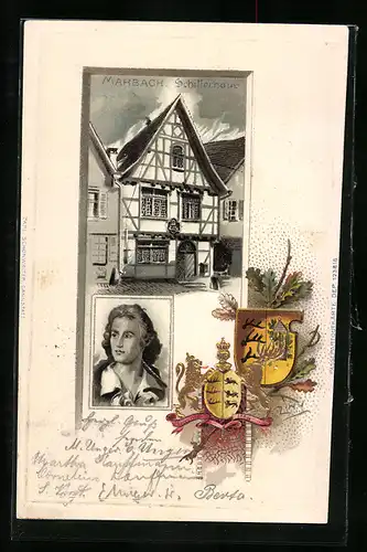 Passepartout-Lithographie Marbach, Schillerhaus, Wappen