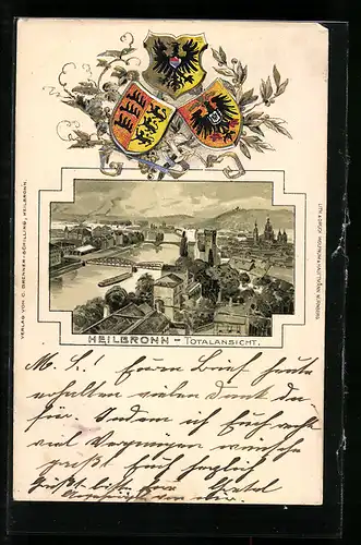 Passepartout-Lithographie Heilbronn, Stadt-Panorama mit Fluss, Wappen