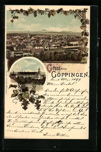 Lithographie Göppingen, Schloss, Blick über die Stadt