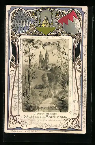 Passepartout-Lithographie Vierzehnheiligen, Blick zur Wallfahrtskirche, Wappen