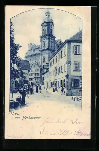 AK Neckarsulm, Strassenpartie mit Kirche