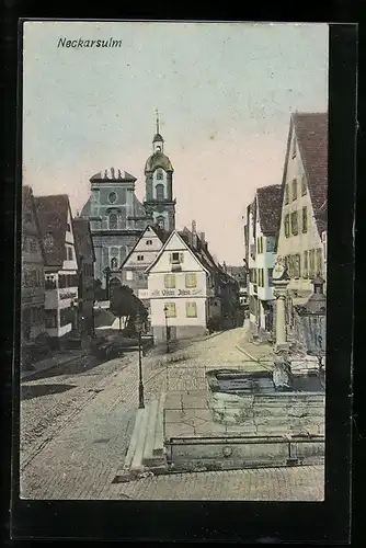 AK Neckarsulm, Marktplatz mit Brunnen und Kirche