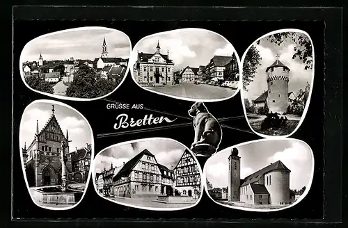 AK Bretten, Panorama, Strassenmotiv, Turm und Kirche