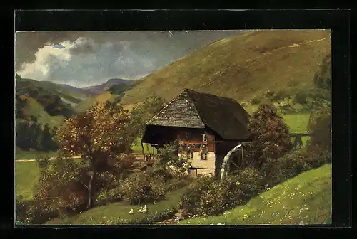 Künstler-AK H. Hoffmann: Mühle mit Gänsen