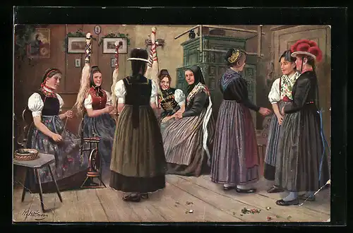 Künstler-AK Heinrich Hoffmann: Schwarzwaldserie, Frauen in Trachten beim Spinnen