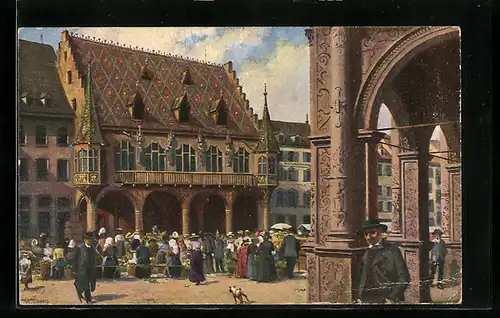 Künstler-AK Freiburg, Münsterplatz mit Kaufhaus und Markt