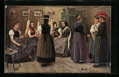 Künstler-AK Heinrich Hoffmann: Schwarzwaldserie, Frauen in Trachten beim Spinnen