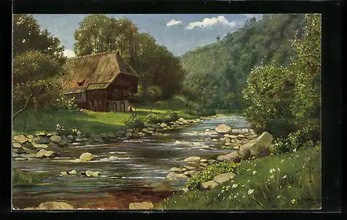 Künstler-AK Heinrich Hoffmann: Schwarzwaldserie, Flusspartie mit Angler und Haus