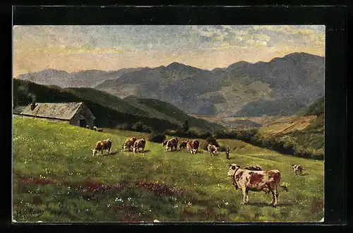 Künstler-AK Heinrich Hoffmann: Melkerei Hahnebrunnen mit Kühen und Bergblick