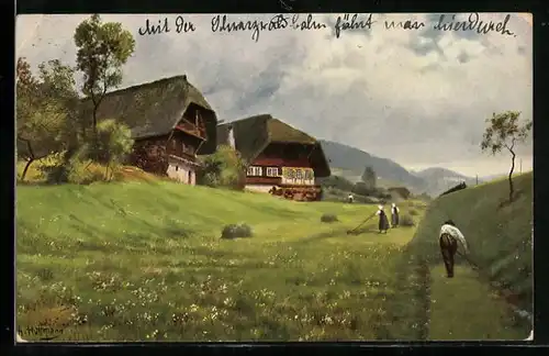 Künstler-AK Heinrich Hoffmann: Schwarzwaldhäuser an der Schwarzwaldbahn