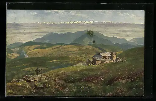 Künstler-AK Grosser Belchen, Wanderer an der Bergwirtschaft mit Blick übers Tal, Gebirgspanorama