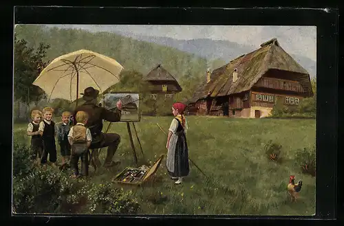 Künstler-AK Heinrich Hoffmann: Schwarzwaldstudien, Maler umringt von Kindern