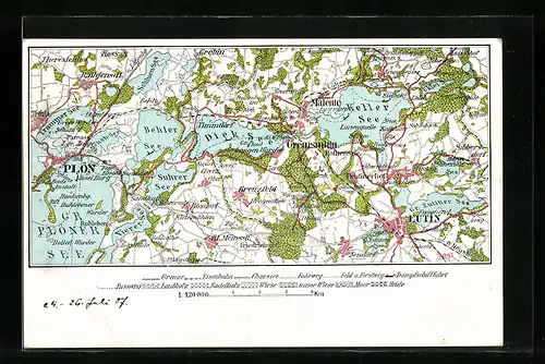 Lithographie Eutin, Landkarte mit Plön, Malente und Keller See