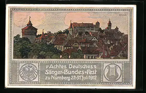 Künstler-AK Nürnberg, VIII. Deutsches Sängerbundesfest 1912, Panorama, Wappen