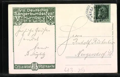 Künstler-AK Nürnberg, VIII. Deutsches Sängerbundesfest 1912, Panorama, Wappen