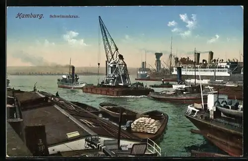 AK Hamburg, Schwimmkran mit Hafenpartie