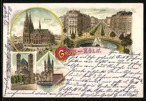 Lithographie Köln, Hohenstaufenring, Dom, St. Martin