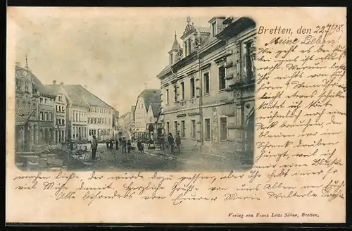 AK Bretten, Strassenpartie im Ortskern mit Wettersäule