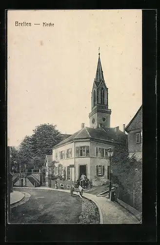 AK Bretten, Strassenpartie mit Kirche