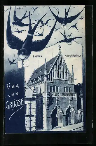 Passepartout-AK Bretten, Melanchthonhaus und Brieftauben