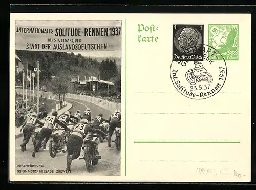 AK Stuttgart, Internationales Solitude-Rennen 1937, Durchführung NSKK-Motorbrigade Südwest, Ganzsache