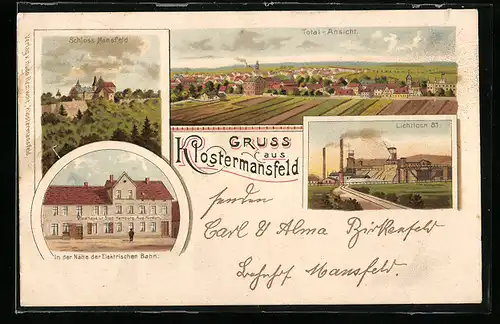 Lithographie Klostermansfeld, Gasthaus zur Stadt Hamburg, Schacht Lichtloch 81, Schloss