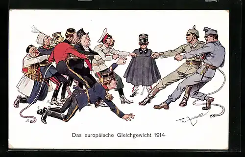 Künstler-AK Th.Zasche: das europäische Gleichgewicht 1914, deutsche & östereichische Soldaten bein Tauziehen gegen Rest