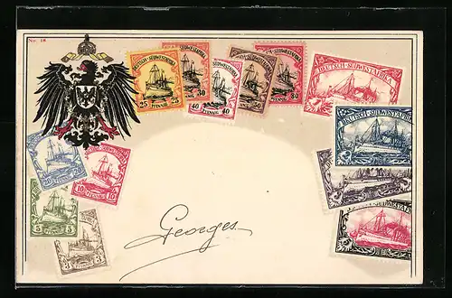 AK Deutsch-Südwestafrika, Briefmarken und Adler