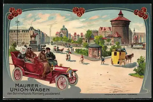 AK Nürnberg, Bahnhofsplatz, Maurer-Union-Wagen, Auto-Reklame, Kutsche