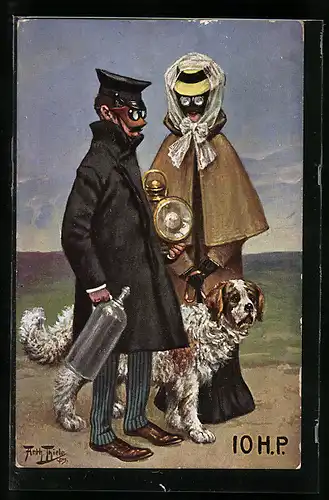 Künstler-AK Arthur Thiele: IOH.P. Paar mit Masken und Hund