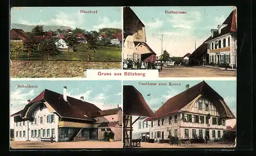 AK Bützberg, Gasthaus zum Kreuz, Schulhaus, Dorfstrasse