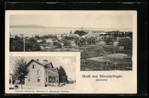 AK Münsterlingen, Pension Schelling, Bes. E. Schneider-Holliger, Ortsansicht