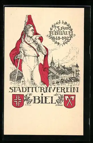 Künstler-AK Biel, 75jähriges Jubiläum des Stadt-Turnverein 1923, Turner mit Schweizer Fahne