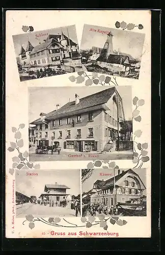 AK Schwarzenburg, Gasthof z. Rössli, Station, Schloss, Alte Kapelle