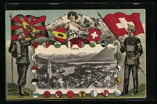 AK Thun, Ortsansicht mit Kirche, Wappen